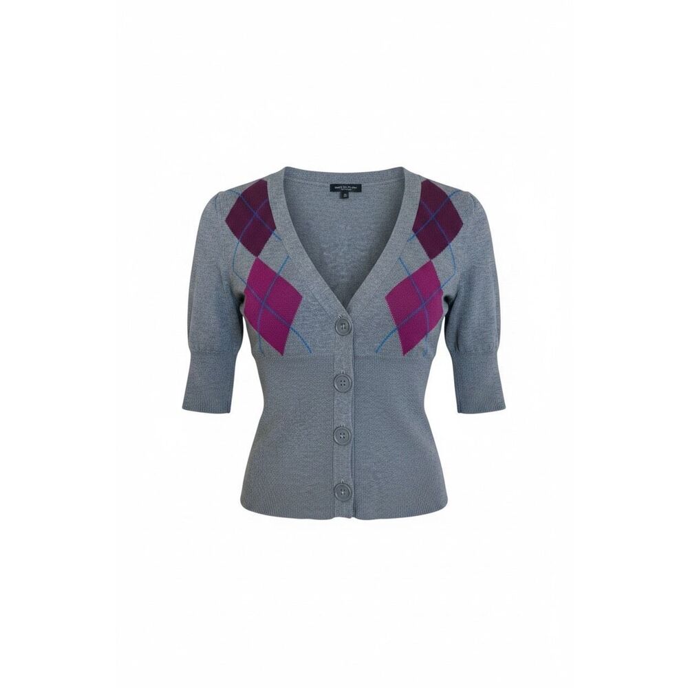 Take Out NWOT Argyle Button Front Elbow Sleeve Knit Cardigan Gray Small